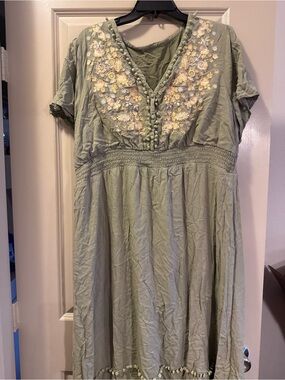 Sage Green Maxi Dress with Yellow & White Floral Embroidery